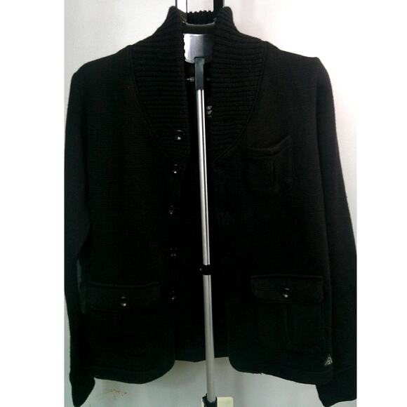 Premium Lounge Men's Medium Button Sweater Black with Gray Elbow Patches - Picture 1 of 7